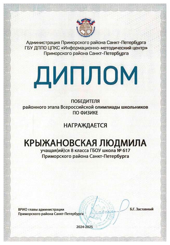 2024-2025 Крыжановская Людмила 8л1 физика (Федорчук Л.В.)